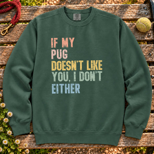 “If my Pug doesn’t like you, I don’t either” text on a Blue Spruce sweatshirt