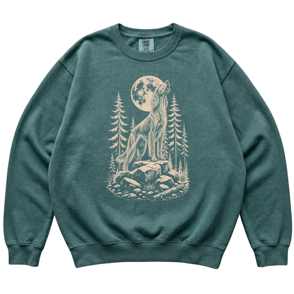 Close view of Irish Setter Howling at the Moon artwork on Blue Spruce Comfort Colors sweatshirt