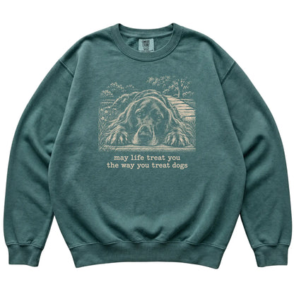 Irish Setter Karma Comfort Colors sweatshirt in Blue Spruce — Flat Lay
