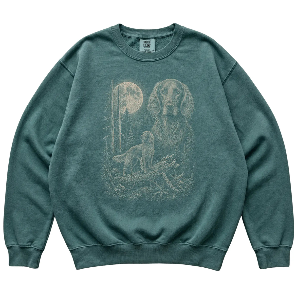 Blue Spruce Irish Setter Moonlit Forest Comfort Colors sweatshirt, flat view
