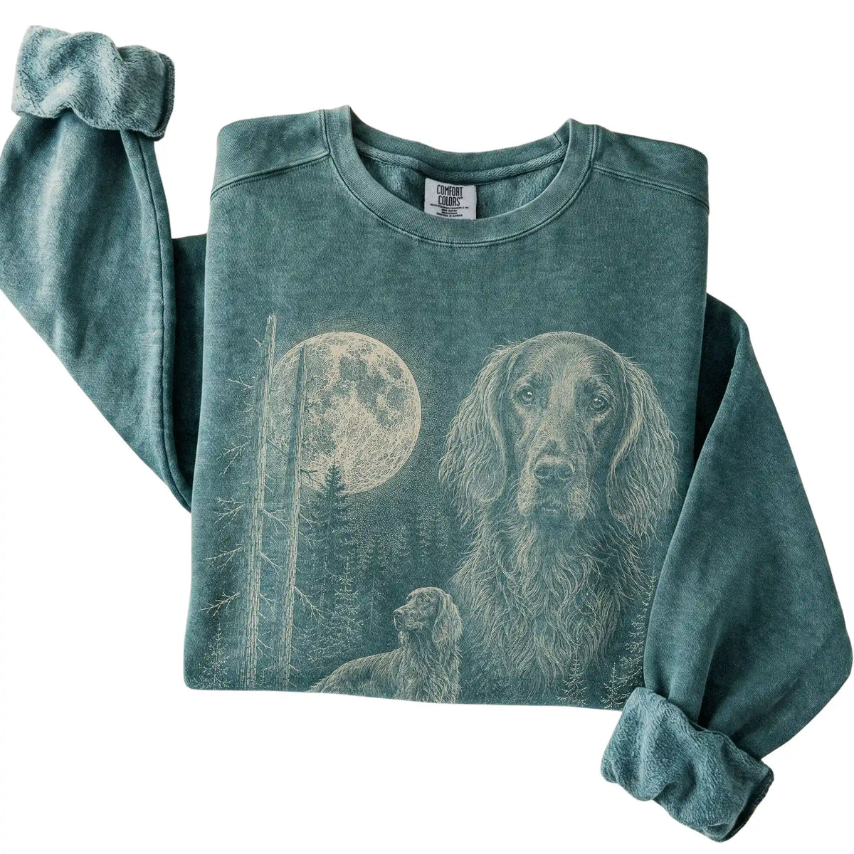 Blue Spruce Irish Setter Moonlit Forest Comfort Colors sweatshirt, folded view