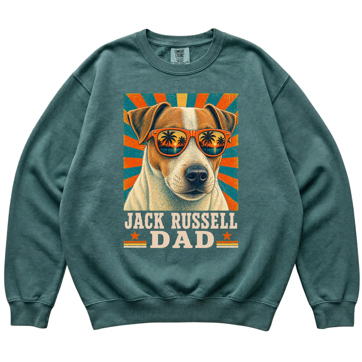 Retro Jack Russell Dad design on a Blue Spruce Comfort Colors sweatshirt