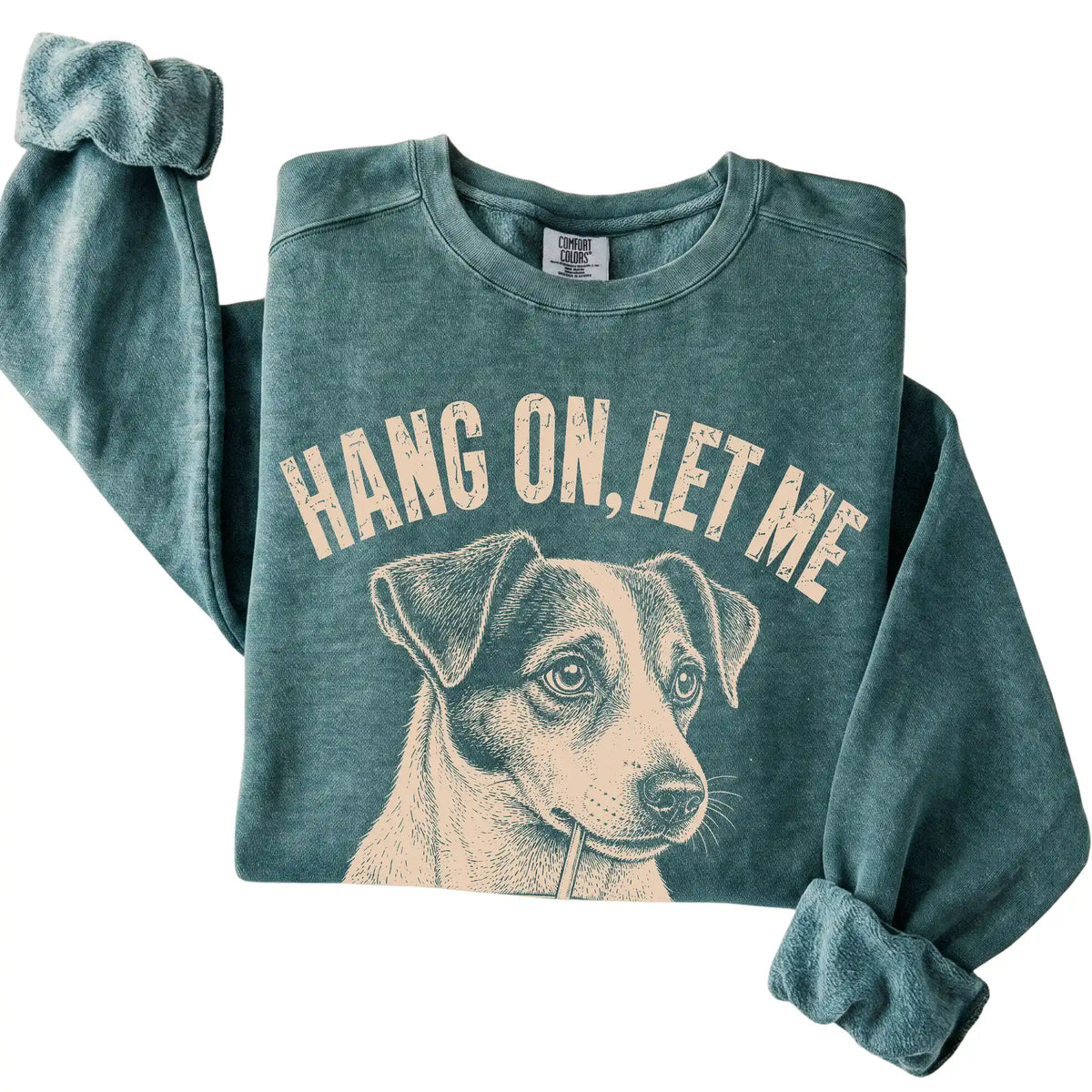 Blue Spruce Comfort Colors sweatshirt featuring Jack Russell Iced Coffee Overthink, folded presentation