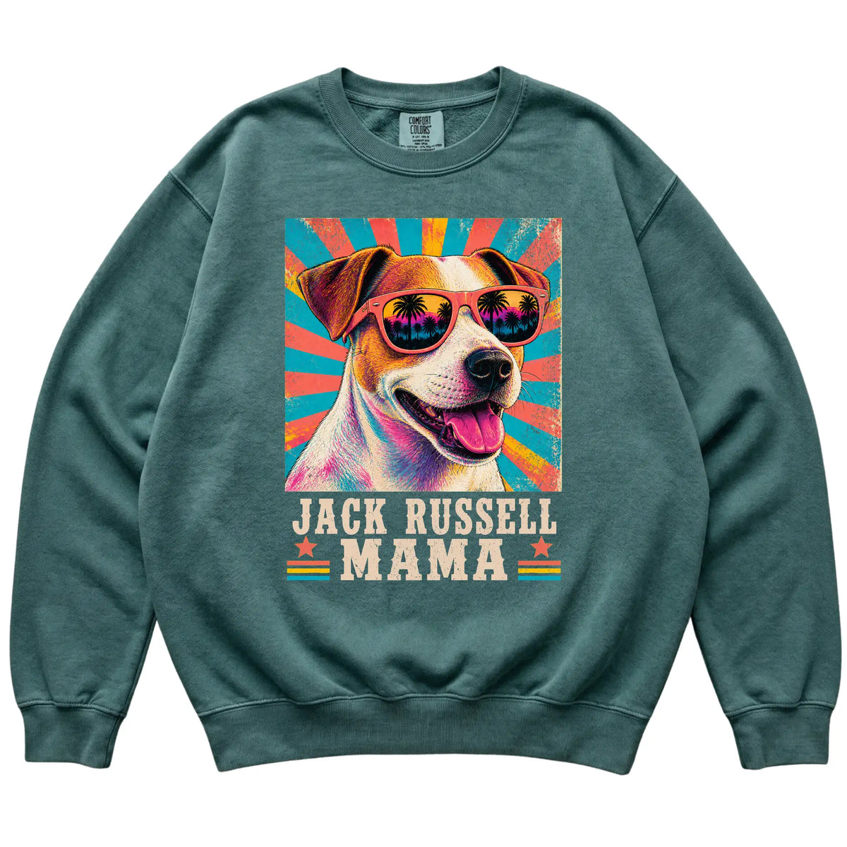 Retro Jack Russell Mama design on a Blue Spruce Comfort Colors sweatshirt