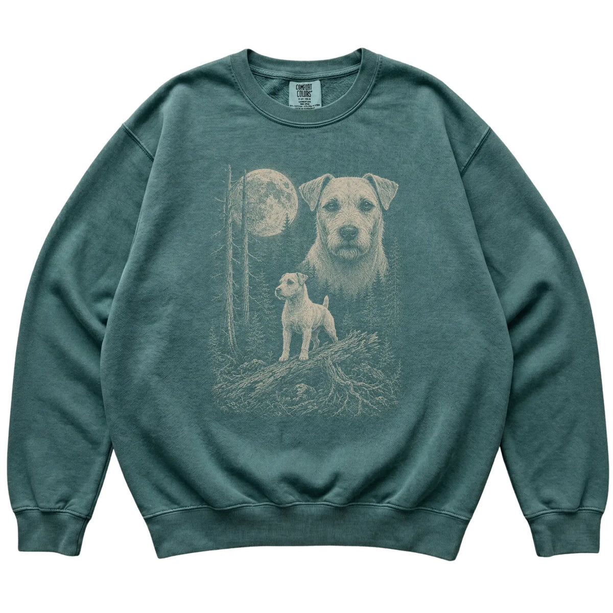 Blue Spruce Jack Russell Moonlit Forest Comfort Colors sweatshirt, flat view