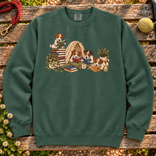 Jack Russell puppies reading books in a cozy blanket fort on a Blue Spruce sweatshirt