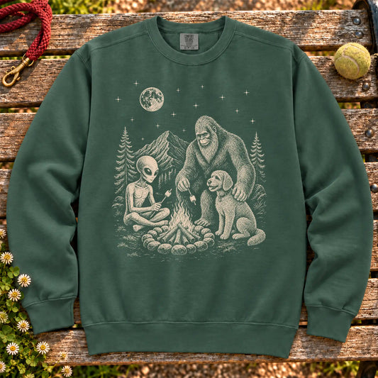 Labradoodle Camping with Bigfoot and Alien on a Blue Spruce crewneck sweatshirt, shown flat