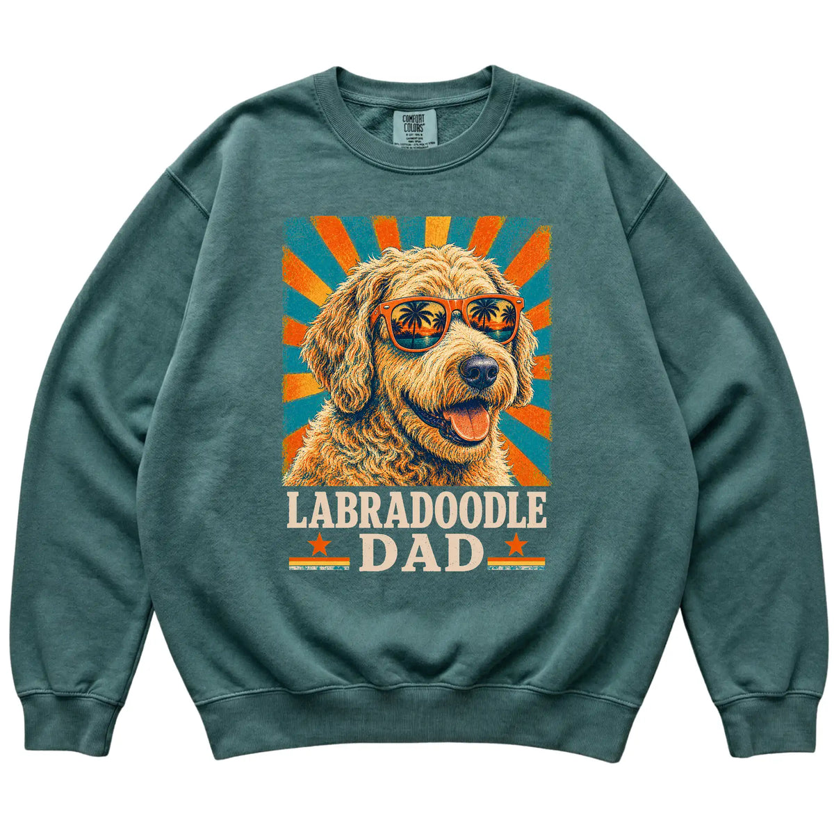 Retro Labradoodle Dad design on a Blue Spruce Comfort Colors sweatshirt