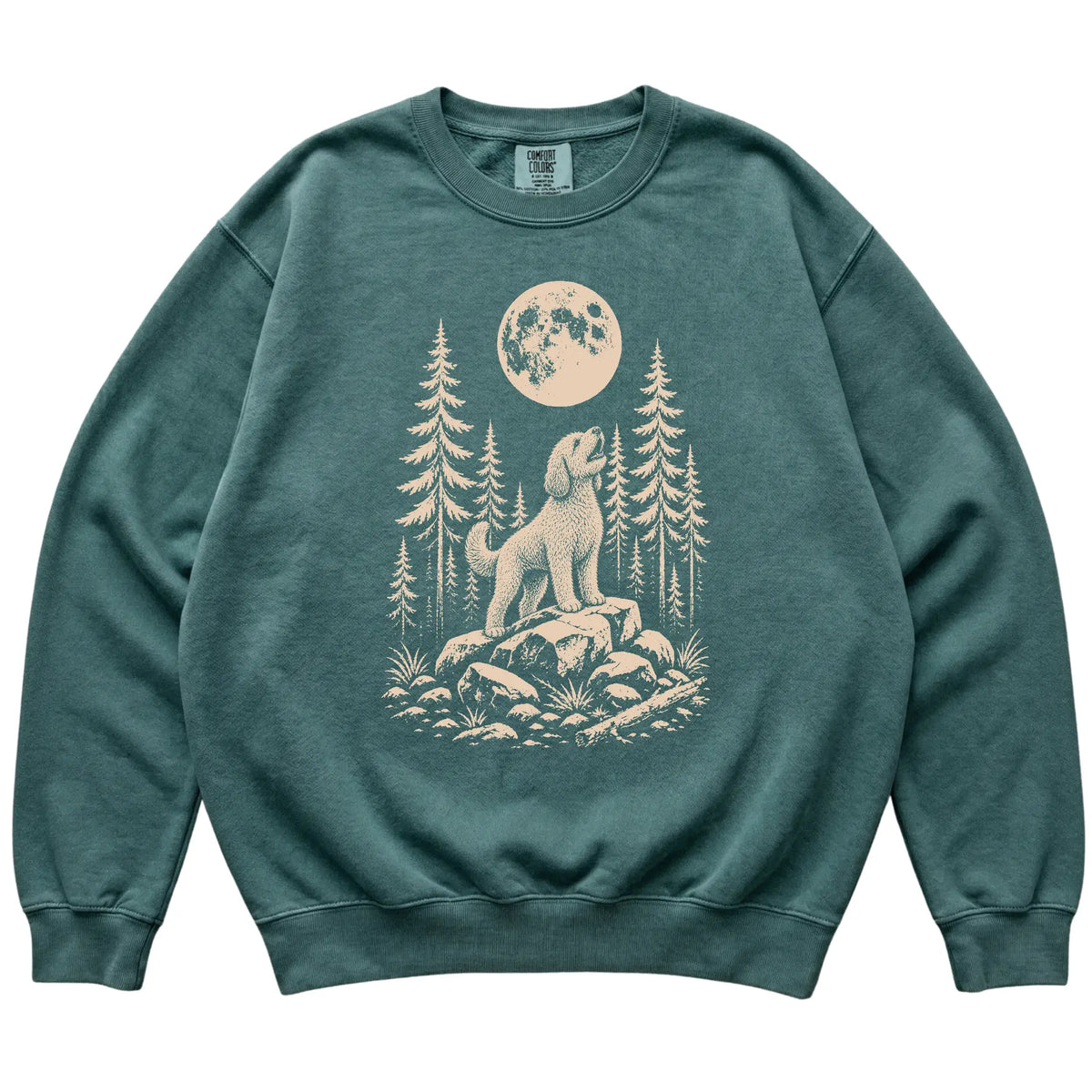 Close view of Labradoodle Howling at the Moon artwork on Blue Spruce Comfort Colors sweatshirt