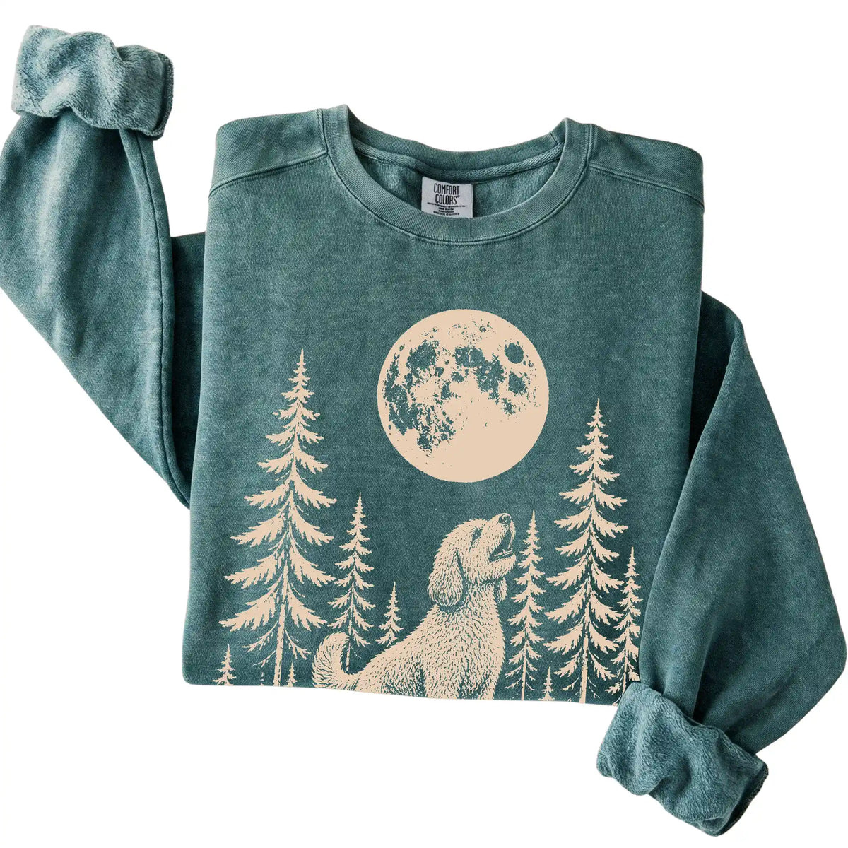 Labradoodle Howling at the Moon Comfort Colors sweatshirt in Blue Spruce