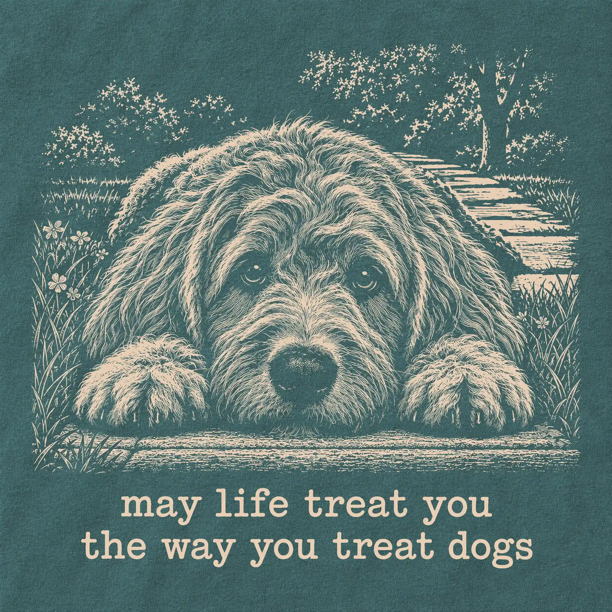 Labradoodle Karma Comfort Colors sweatshirt in Blue Spruce — Design Detail