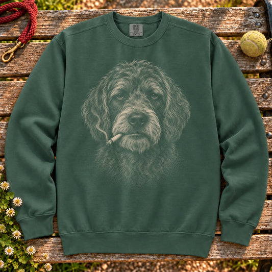 Labradoodle smoking design on a Blue Spruce sweatshirt