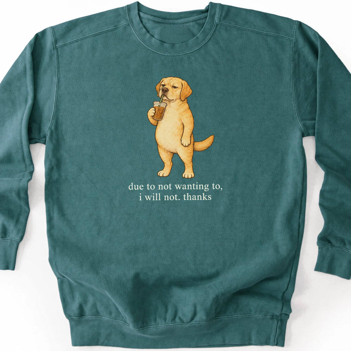 Labrador Retriever I Will Not design with iced coffee on a blue spruce sweatshirt
