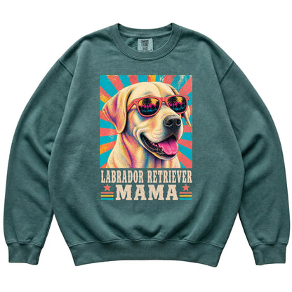 Retro Labrador Retriever Mama design on a Blue Spruce Comfort Colors sweatshirt