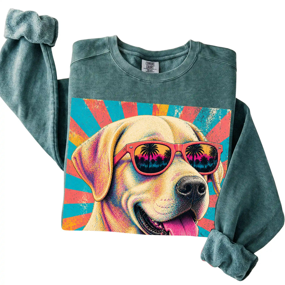 Folded Blue Spruce Comfort Colors sweatshirt with a Retro Labrador Retriever Mama design