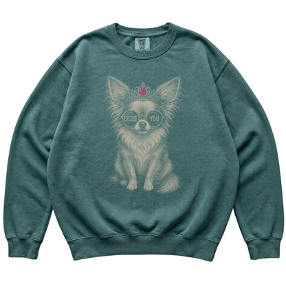 Blue Spruce Comfort Colors sweatshirt featuring Long-Haired Chihuahua Excuse You, laid-flat presentation
