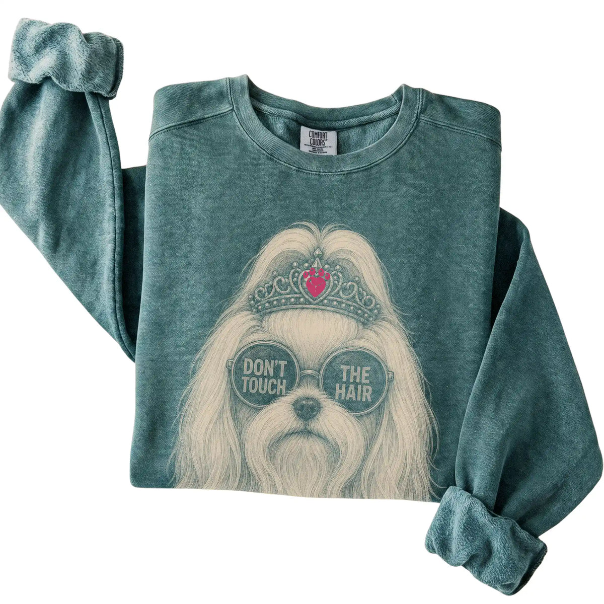 Blue Spruce Comfort Colors sweatshirt featuring Maltese Don't Touch The Hair, folded presentation