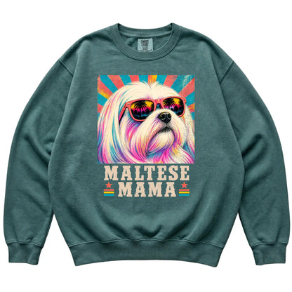 Retro Maltese Mama design on a Blue Spruce Comfort Colors sweatshirt