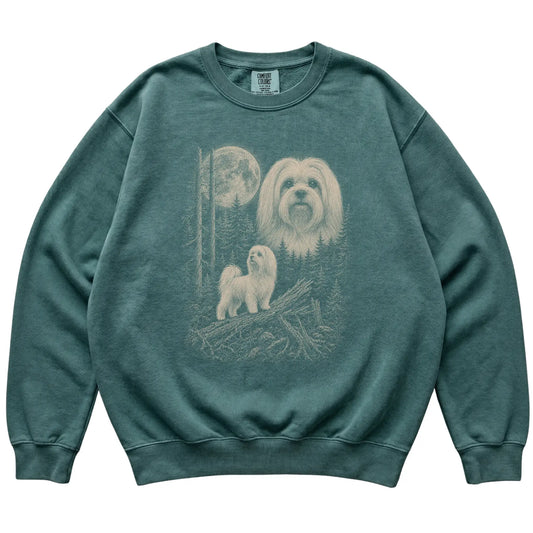 Blue Spruce Maltese Moonlit Forest Comfort Colors sweatshirt, flat view