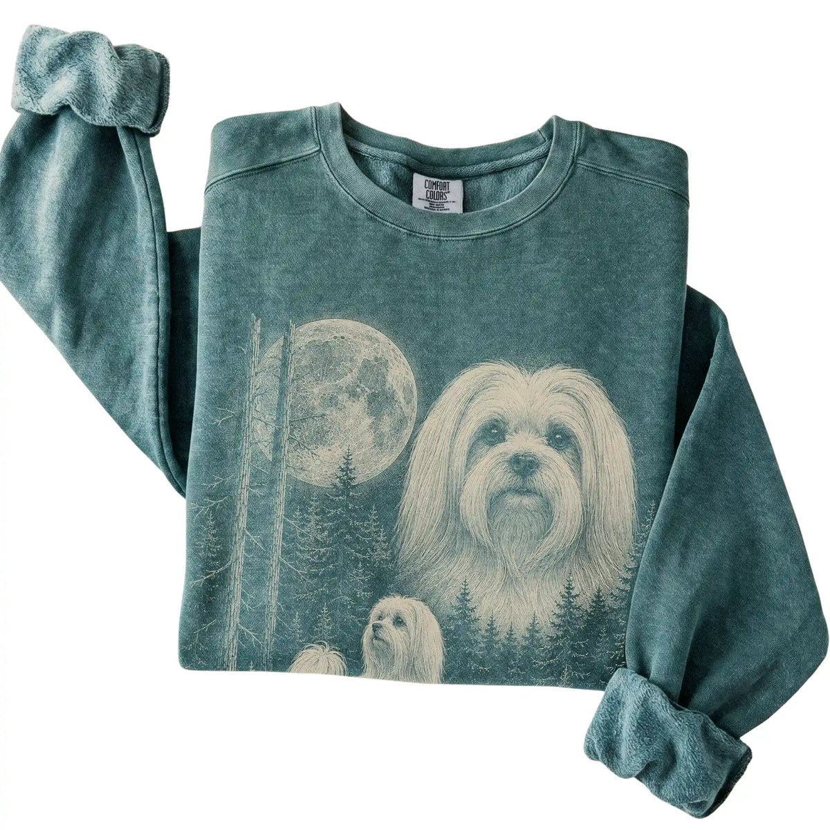 Blue Spruce Maltese Moonlit Forest Comfort Colors sweatshirt, folded view
