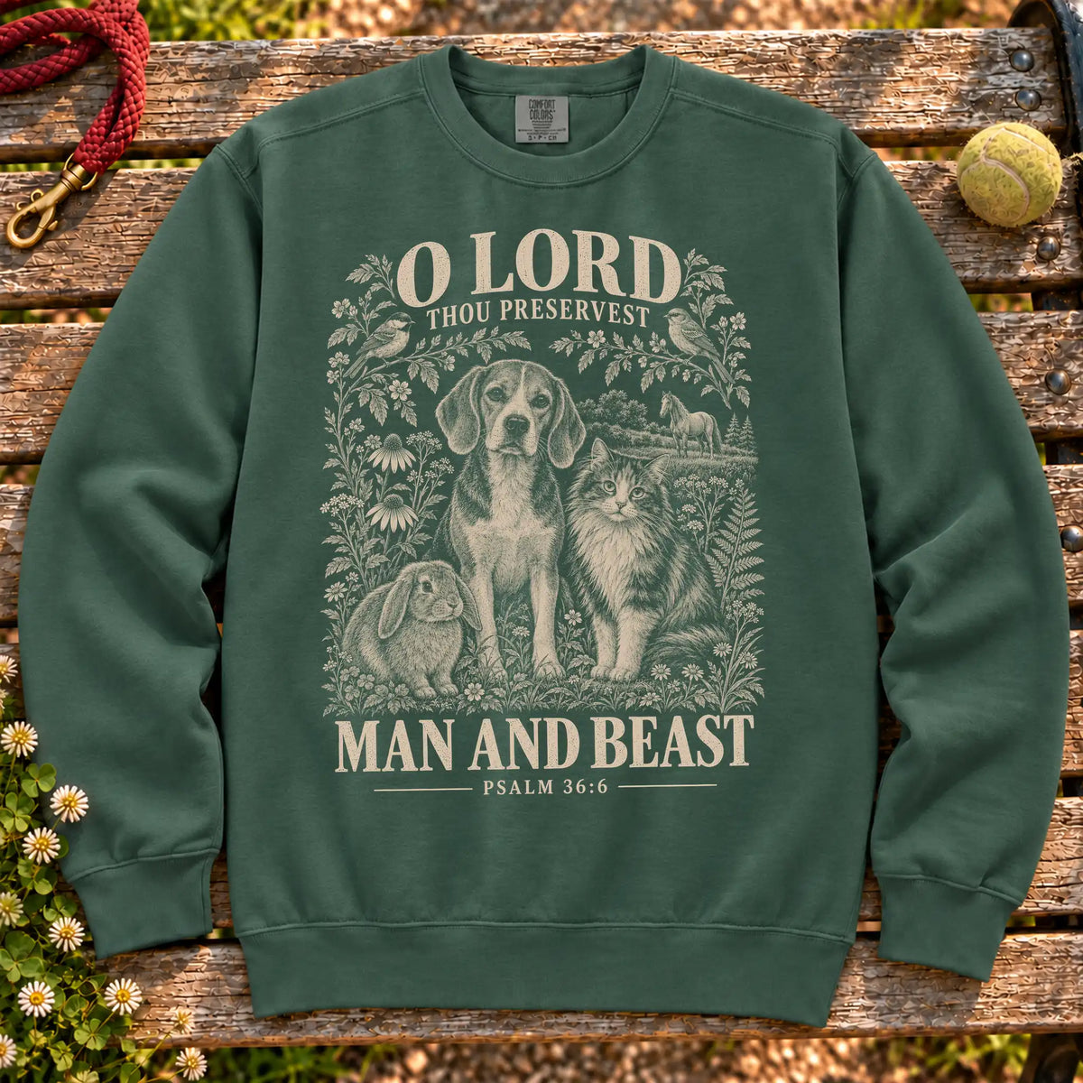 Blue Spruce Man and Beast scripture Comfort Colors sweatshirt