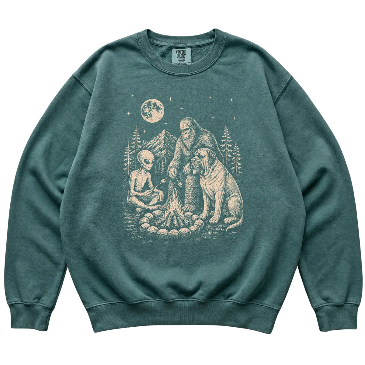 Blue Spruce Mastiff Camping with Bigfoot and Alien shirt laid flat