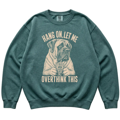 Blue Spruce Comfort Colors sweatshirt featuring Mastiff Iced Coffee Overthink, laid-flat presentation