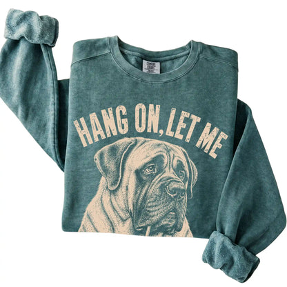 Blue Spruce Comfort Colors sweatshirt featuring Mastiff Iced Coffee Overthink, folded presentation