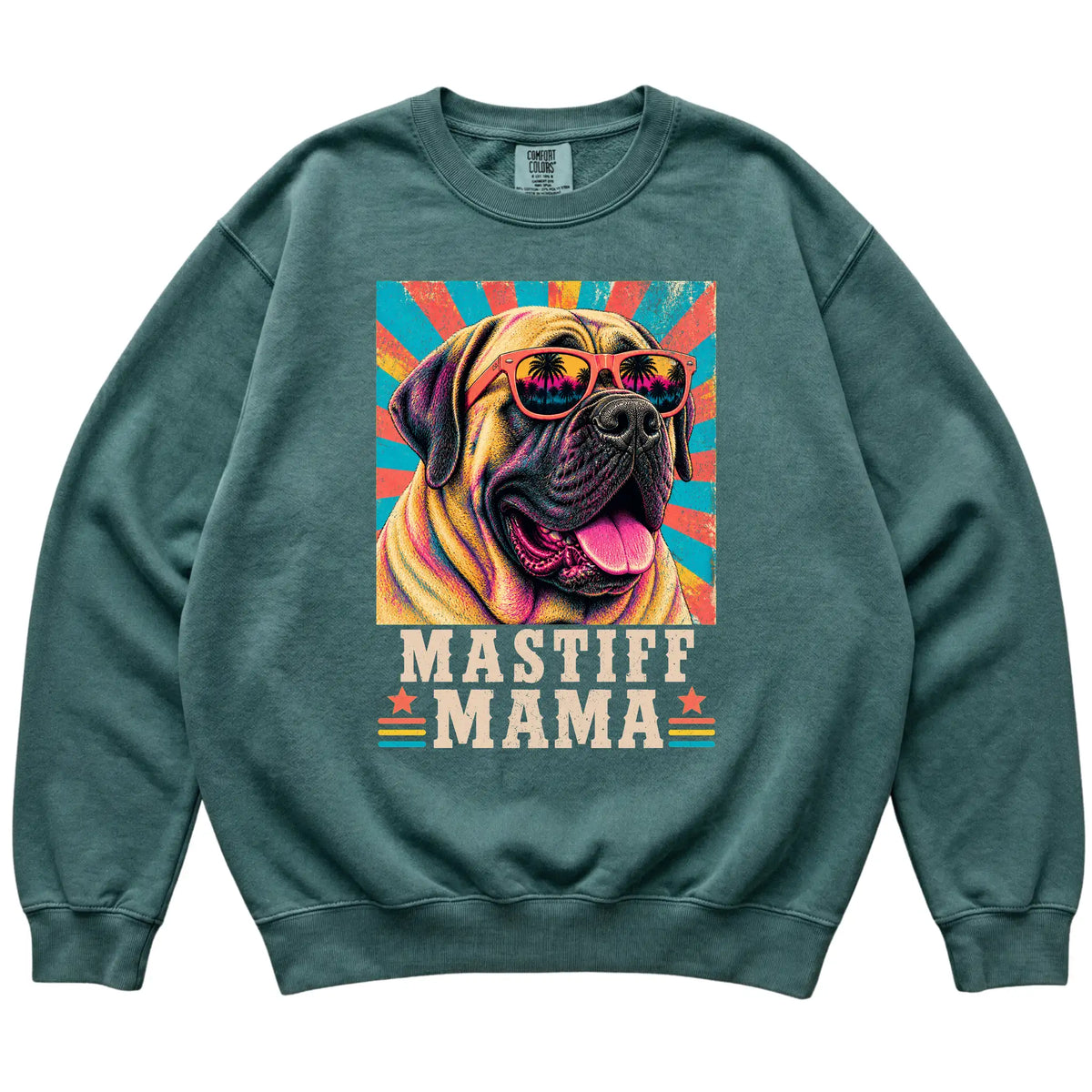 Retro Mastiff Mama design on a Blue Spruce Comfort Colors sweatshirt