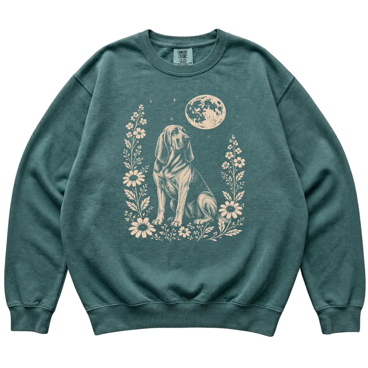 Blue Spruce Moon Flowers Bloodhound Comfort Colors sweatshirt, flat view