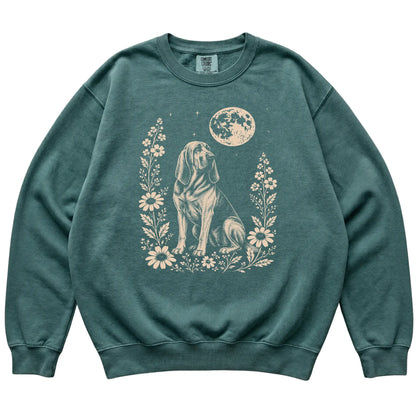 Blue Spruce Moon Flowers Bloodhound Comfort Colors sweatshirt, flat view