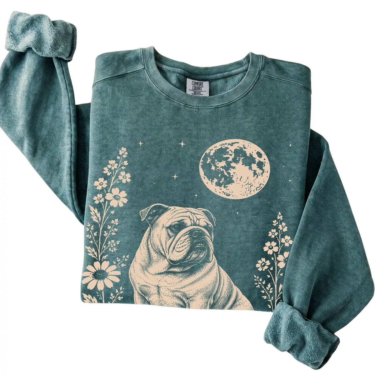 Blue Spruce Moon Flowers Bulldog Comfort Colors sweatshirt, folded view