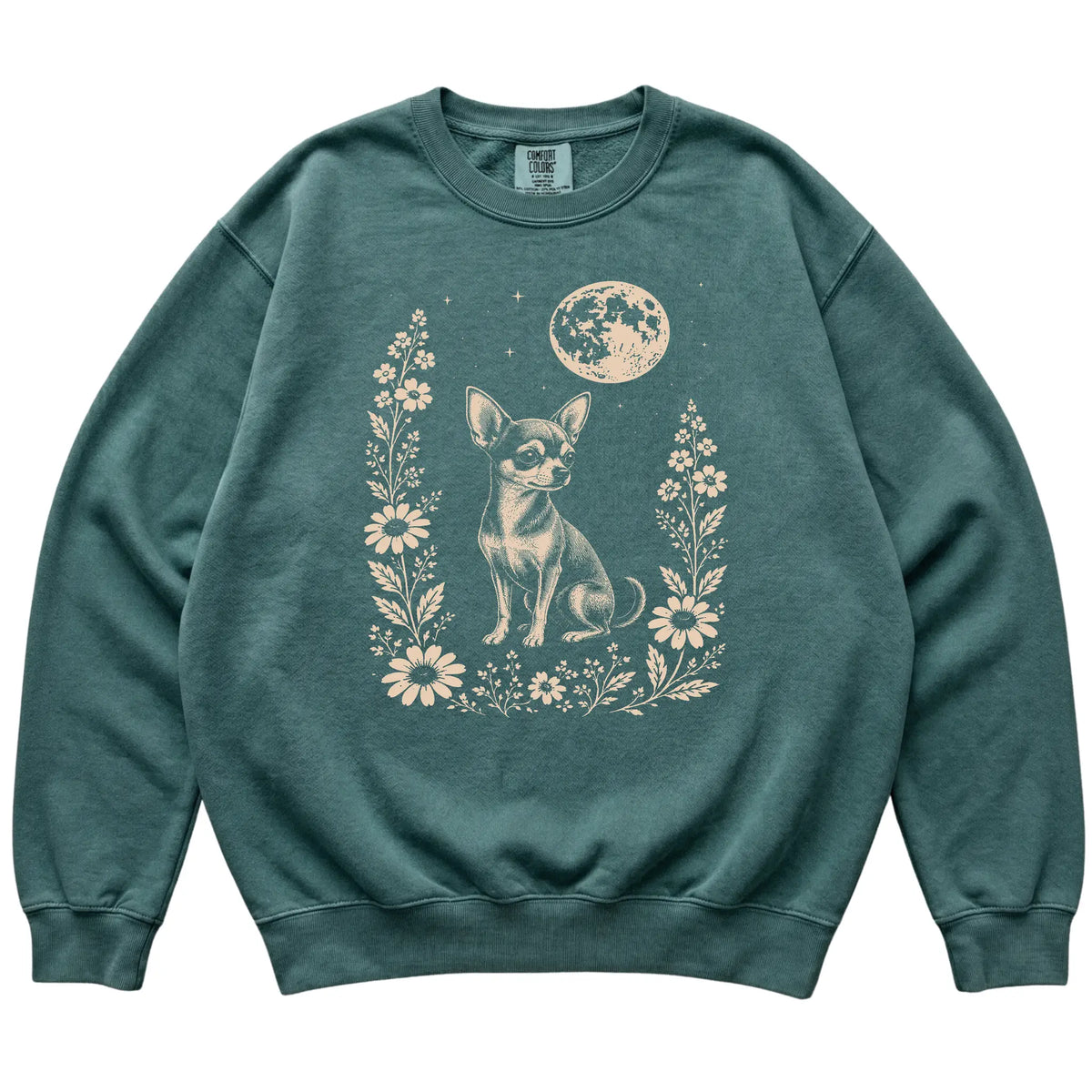 Blue Spruce Moon Flowers Chihuahua Comfort Colors sweatshirt, flat view