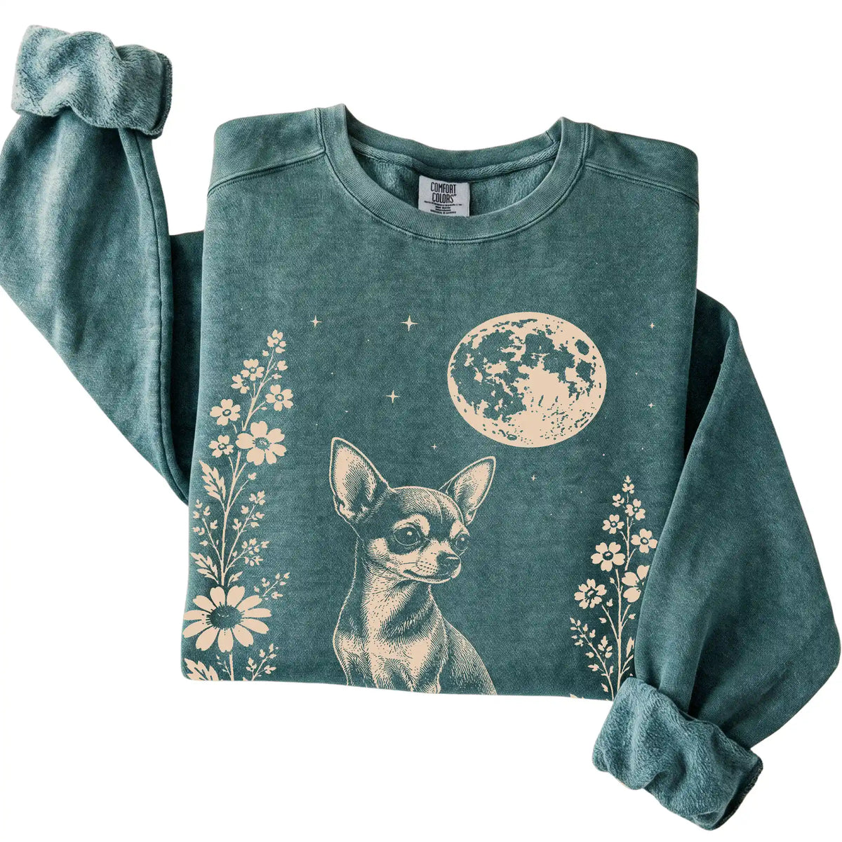 Blue Spruce Moon Flowers Chihuahua Comfort Colors sweatshirt, folded view