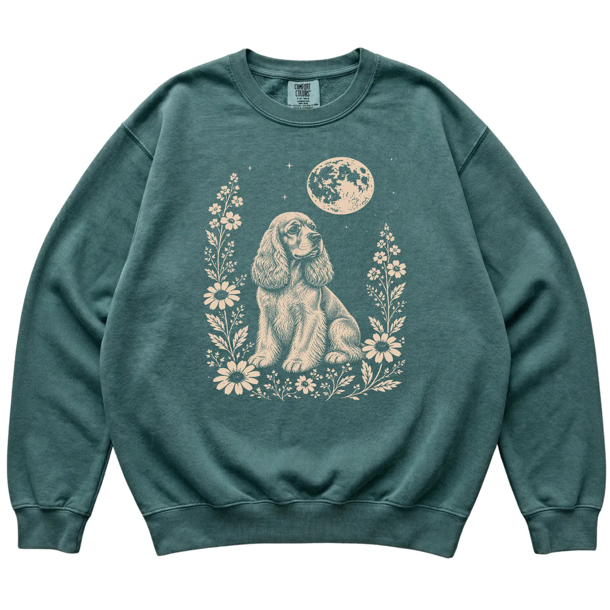 Blue Spruce Moon Flowers Cocker Spaniel Comfort Colors sweatshirt, flat view