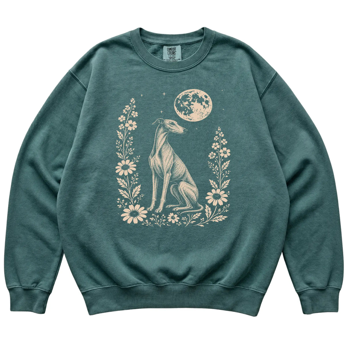 Blue Spruce Moon Flowers Greyhound Comfort Colors sweatshirt, flat view