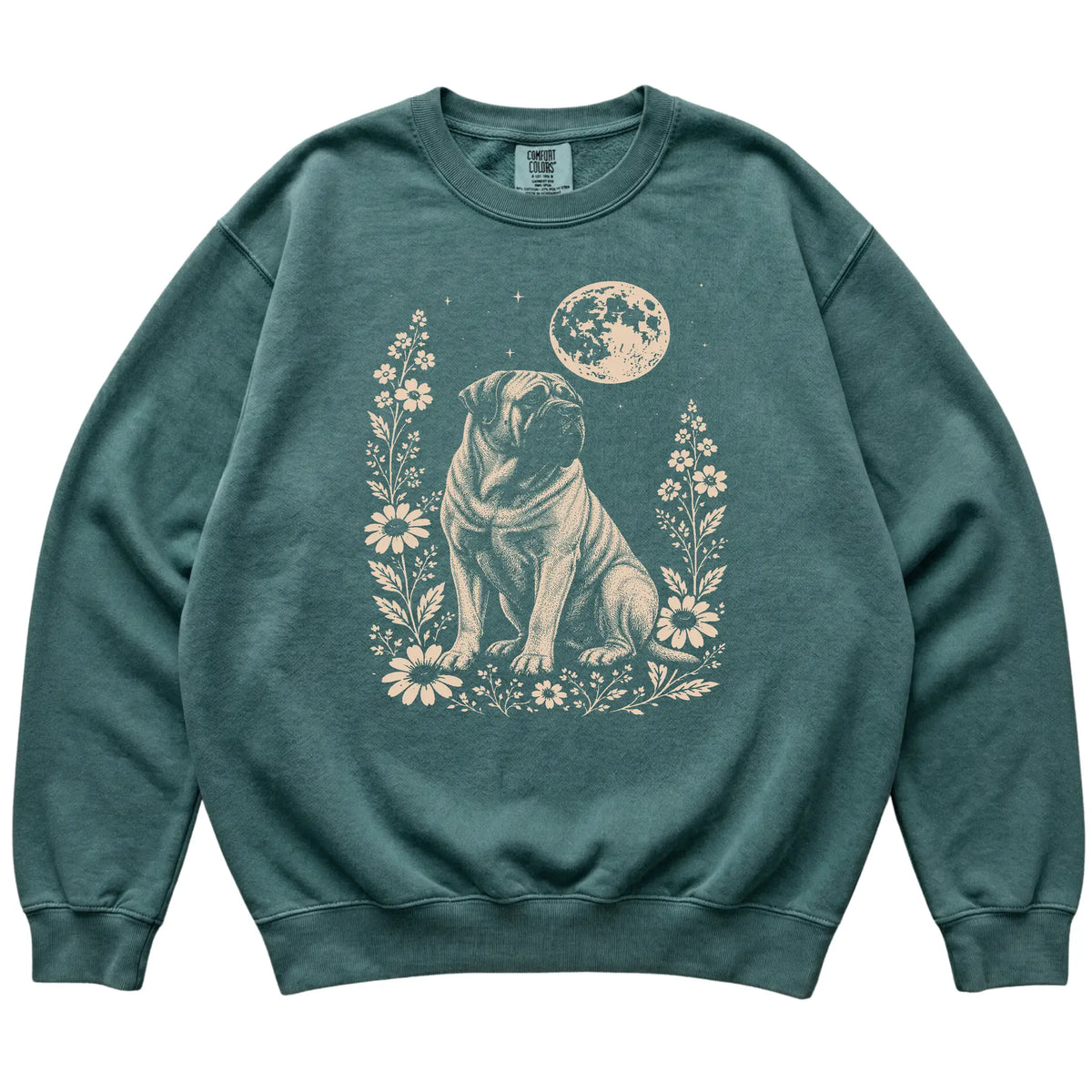 Blue Spruce Moon Flowers Mastiff Comfort Colors sweatshirt, flat view