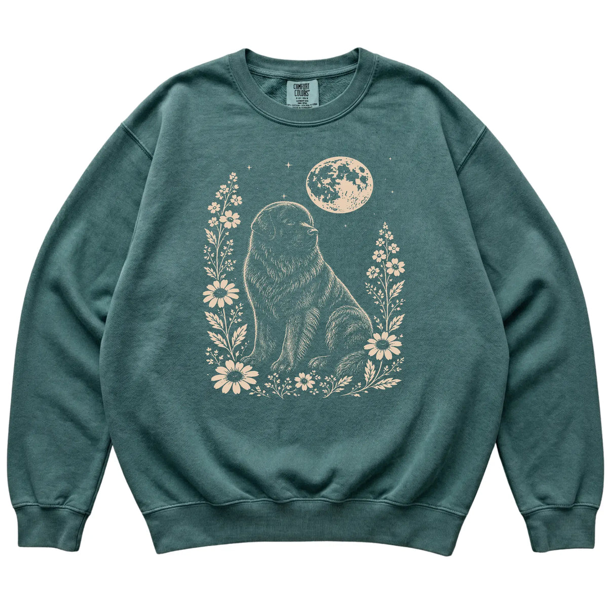 Blue Spruce Moon Flowers Newfie Comfort Colors sweatshirt, flat view