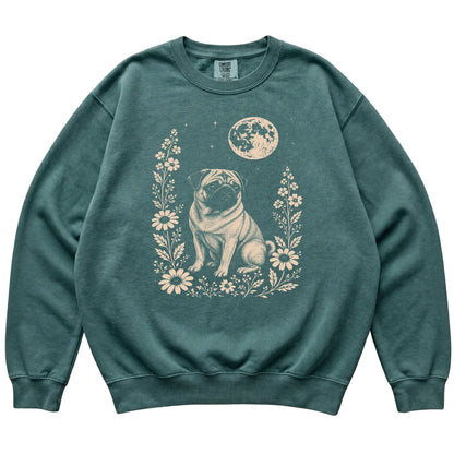 Blue Spruce Moon Flowers Pug Comfort Colors sweatshirt, flat view