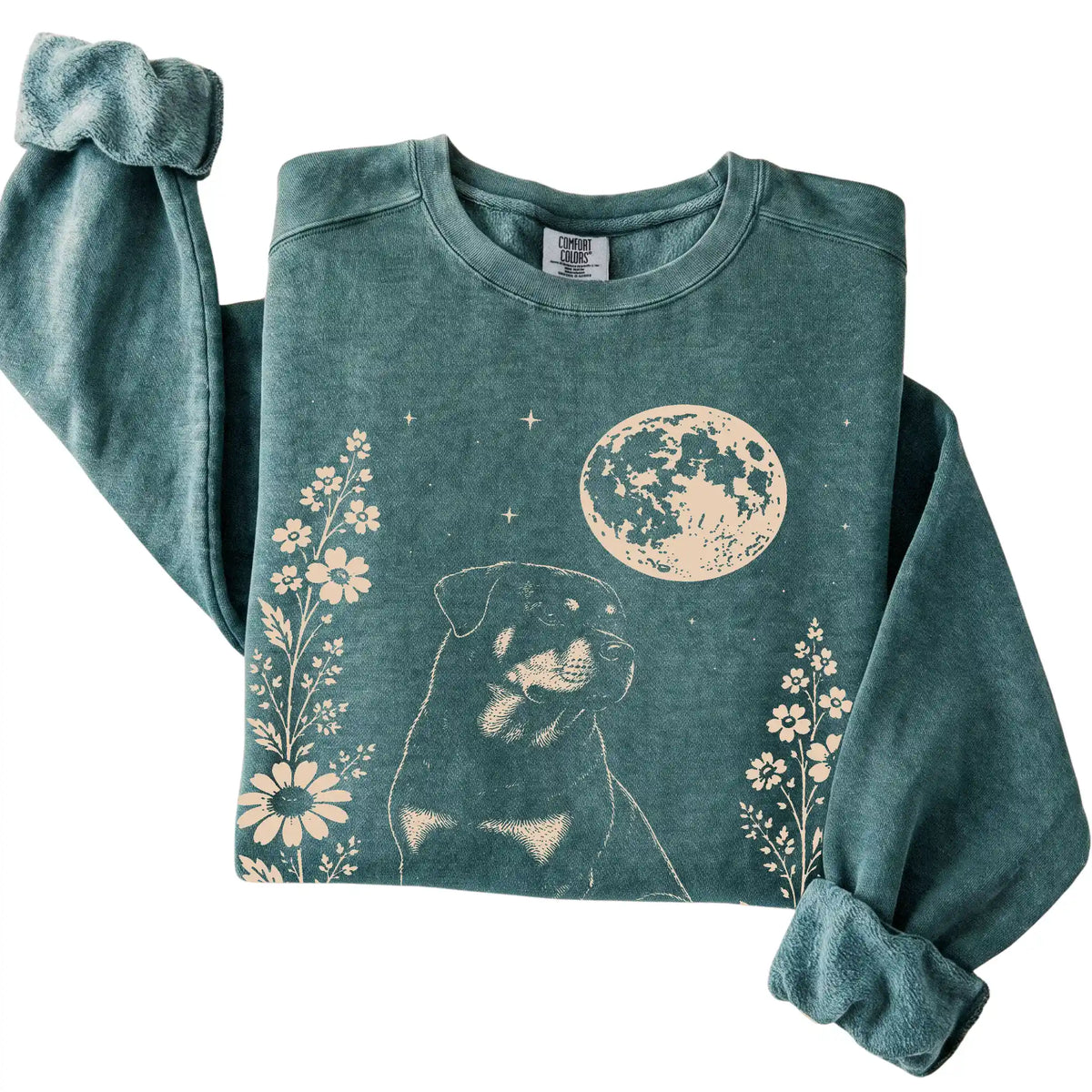 Blue Spruce Moon Flowers Rottweiler Comfort Colors sweatshirt, folded view