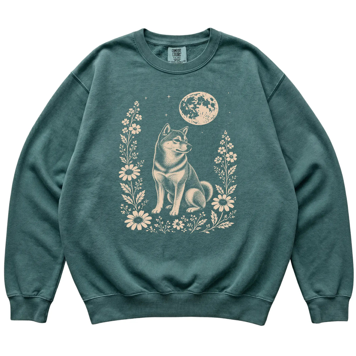 Blue Spruce Moon Flowers Shiba Inu Comfort Colors sweatshirt, flat view