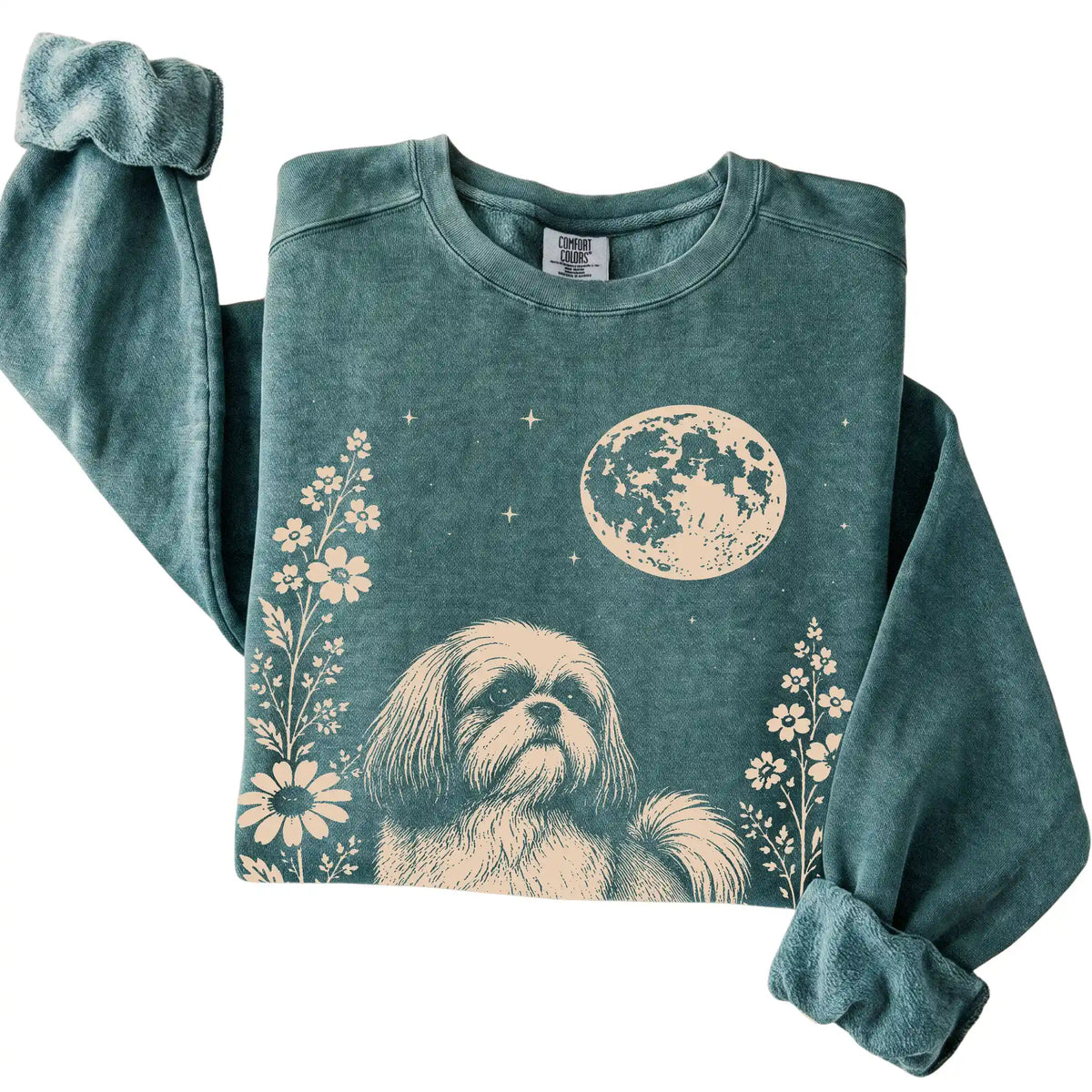 Blue Spruce Moon Flowers Shih Tzu Comfort Colors sweatshirt, folded view