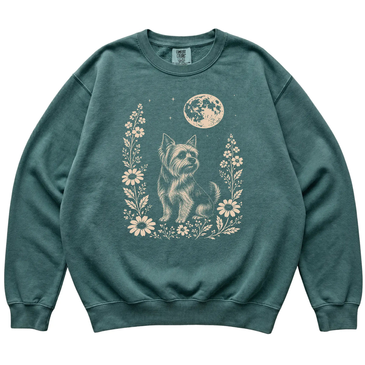 Blue Spruce Moon Flowers Yorkie Comfort Colors sweatshirt, flat view