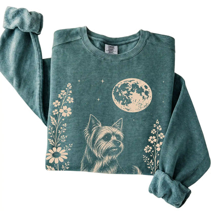 Blue Spruce Moon Flowers Yorkie Comfort Colors sweatshirt, folded view