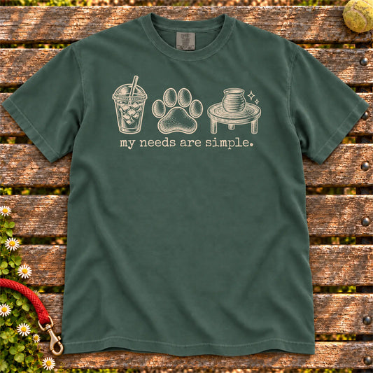 My Needs Are Simple coffee, dogs, and pottery design on a Blue Spruce Comfort Colors T-shirt