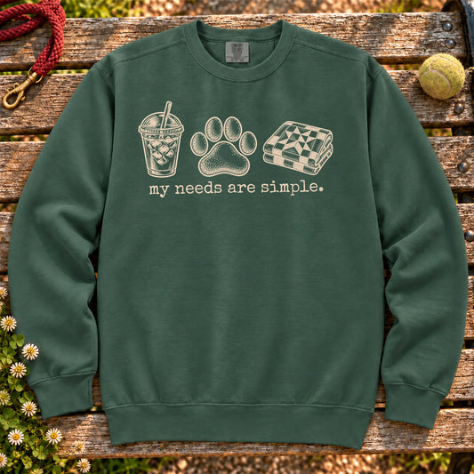 My Needs Are Simple coffee, dogs, and quilting design on a Blue Spruce Comfort Colors sweatshirt