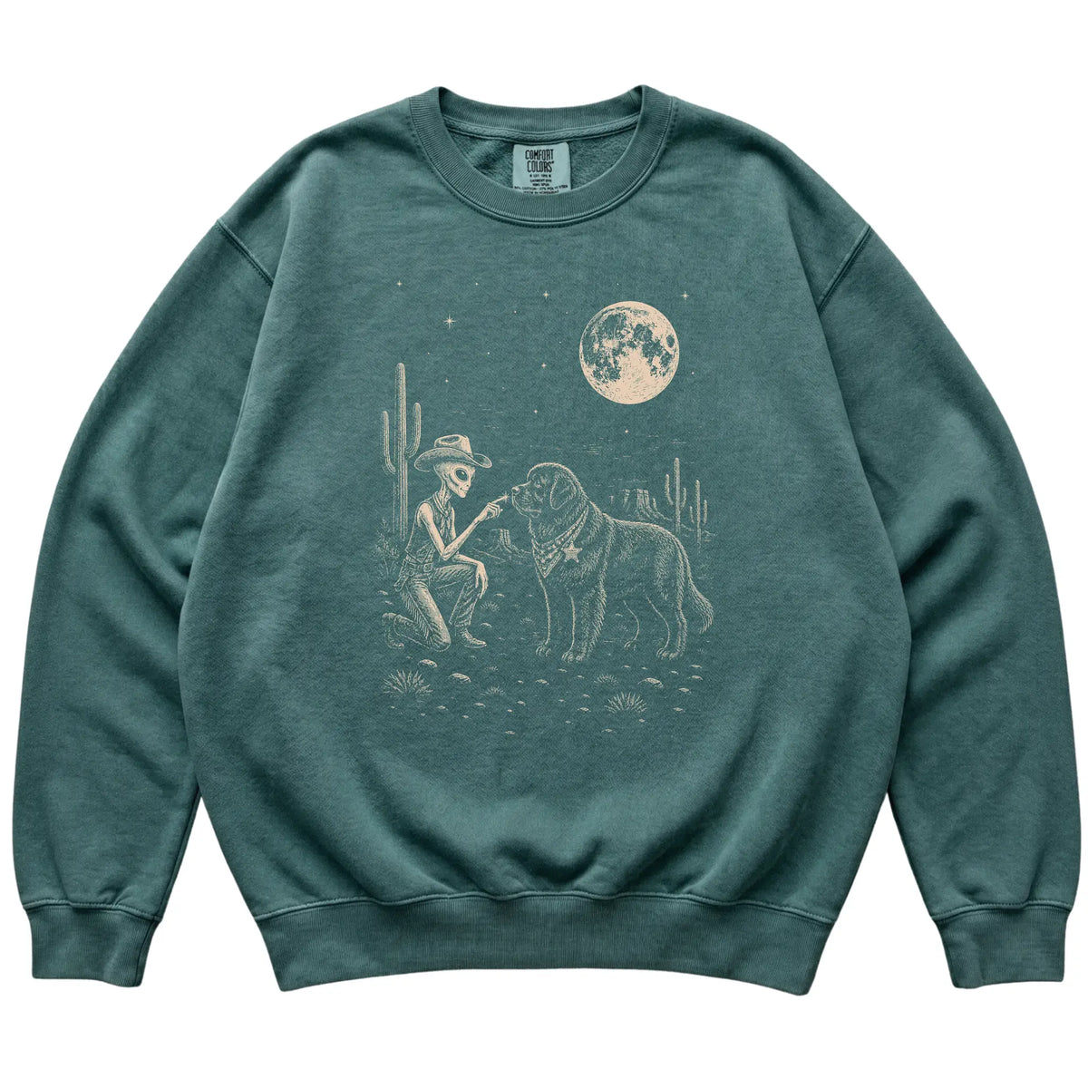 Blue Spruce Comfort Colors® sweatshirt featuring Newfie Cowboy and Alien, laid-flat presentation