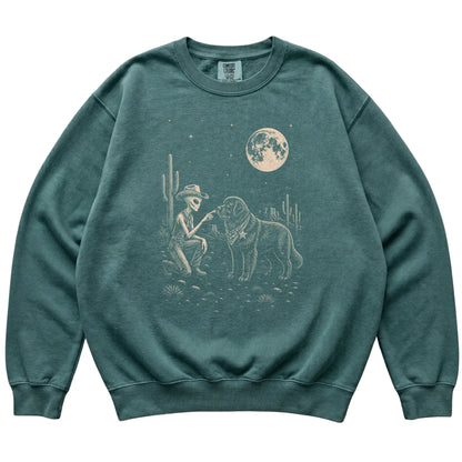 Blue Spruce Comfort Colors® sweatshirt featuring Newfie Cowboy and Alien, laid-flat presentation