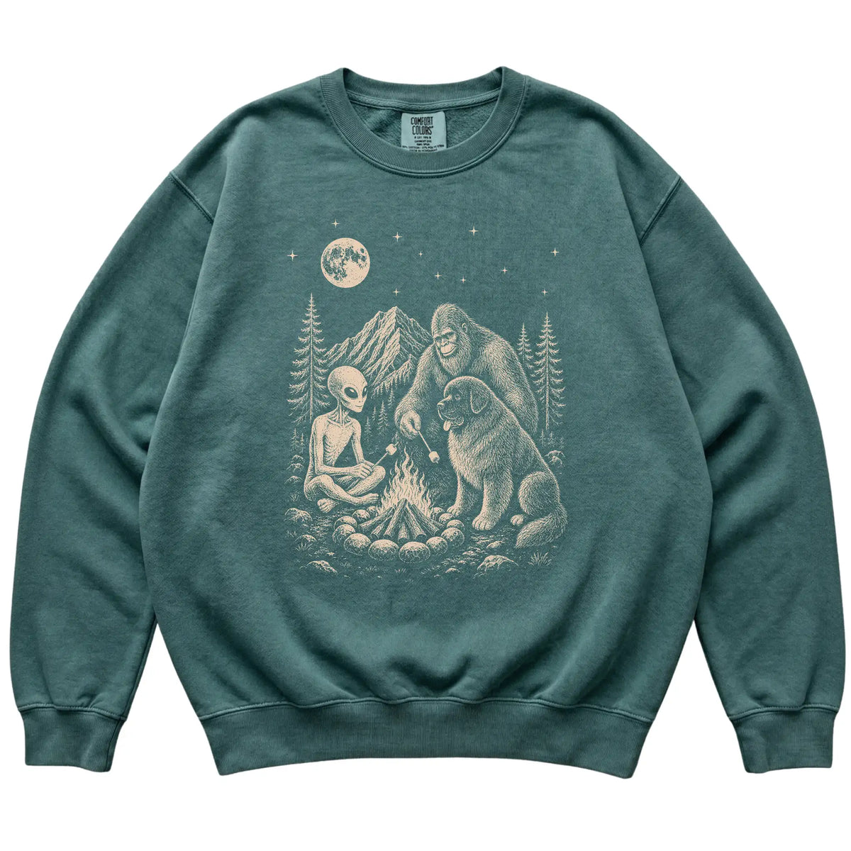 Blue Spruce Newfie Camping with Bigfoot and Alien shirt laid flat