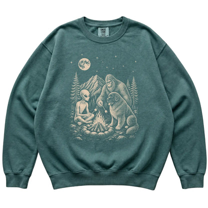 Blue Spruce Newfie Camping with Bigfoot and Alien shirt laid flat